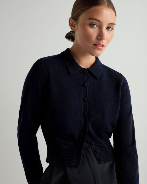 N.Peal Women's Thea Collared Cashmere Cardigan Navy Blue
