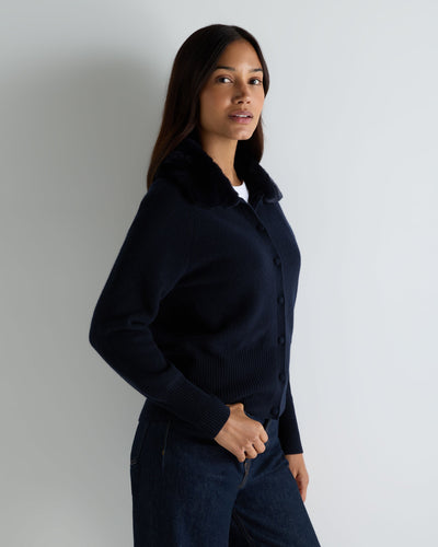 N.Peal Women's Honeycomb Fur Trim Cashmere Cardigan Navy Blue