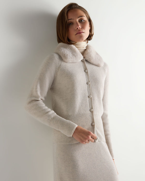 N.Peal Women's Honeycomb Fur Trim Cashmere Cardigan Pebble Grey