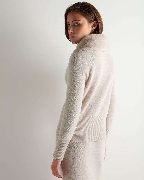 N.Peal Women's Honeycomb Fur Trim Cashmere Cardigan Pebble Grey