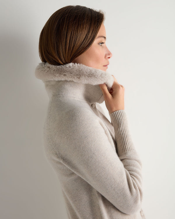 N.Peal Women's Honeycomb Fur Trim Cashmere Cardigan Pebble Grey