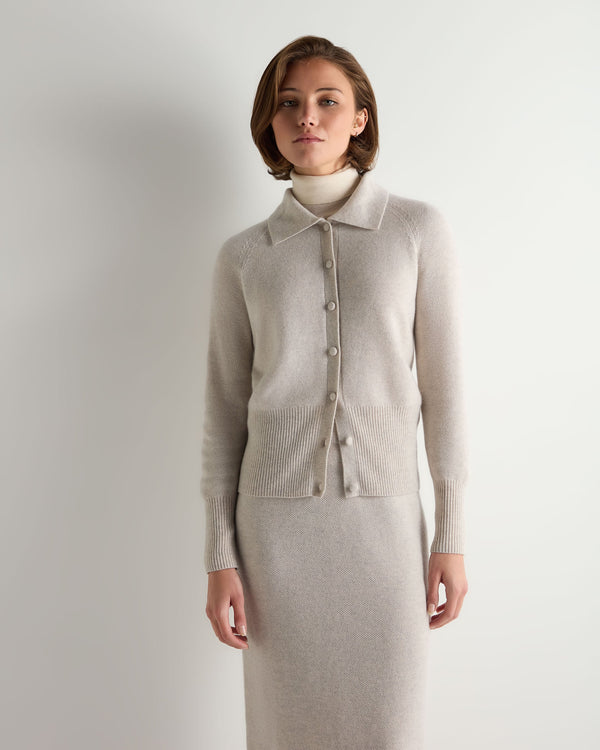 N.Peal Women's Honeycomb Fur Trim Cashmere Cardigan Pebble Grey
