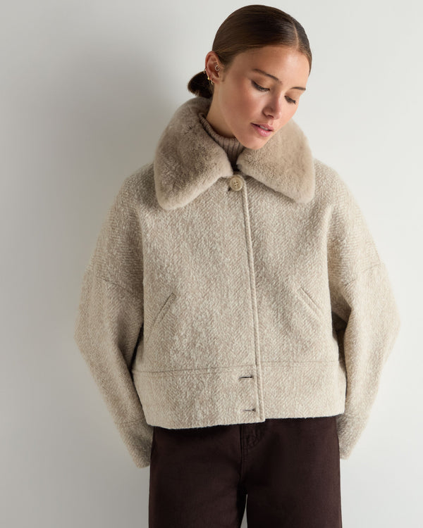 Women's Herringbone Jacket With Rex Fur Collar 1