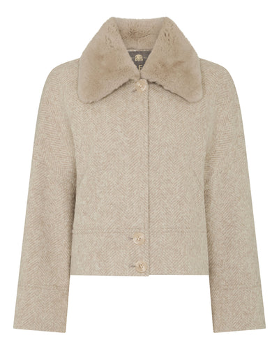 N.Peal Women's Herringbone Jacket With Rex Fur Collar Beige Brown