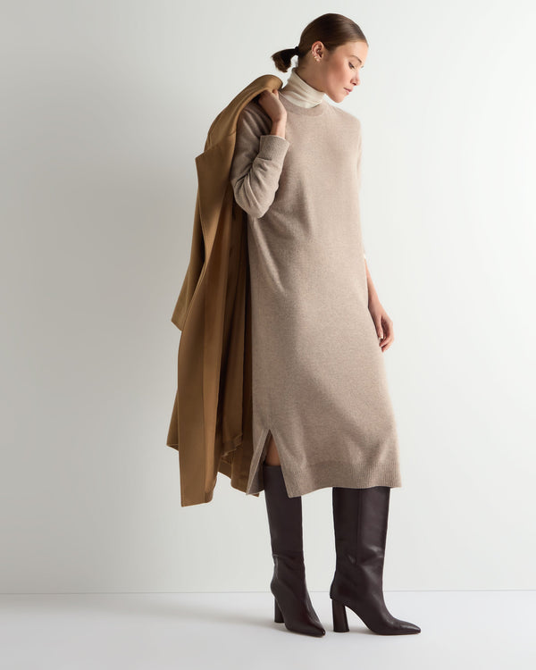 N.Peal Women's Round Neck Cashmere Jumper Dress Oatmeal Brown