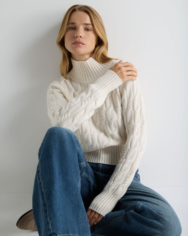 Women's Cable Knit Funnel Neck Cashmere Sweater 1