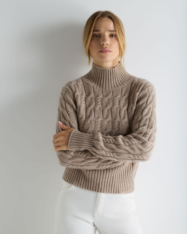 Women's Cable Knit Funnel Neck Cashmere Sweater 1