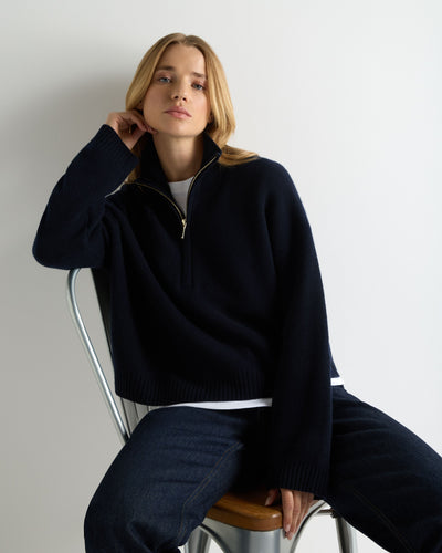N.Peal Women's Honeycomb Quarter-Zip Cashmere Jumper Navy Blue