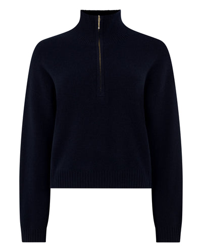 N.Peal Women's Honeycomb Quarter-Zip Cashmere Jumper Navy Blue