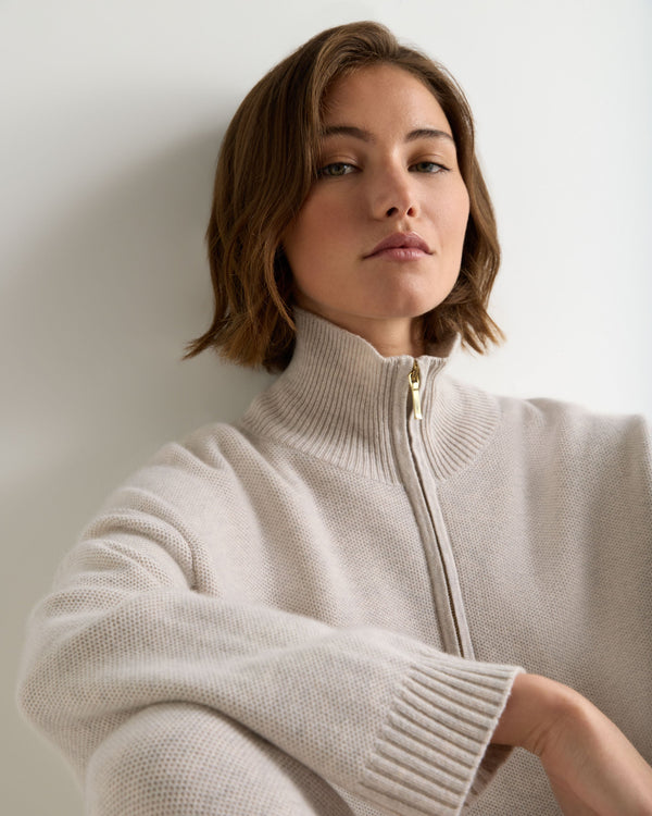 N.Peal Women's Honeycomb Quarter-Zip Cashmere Jumper Pebble Grey
