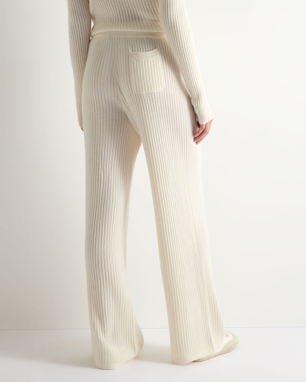 N.Peal Women's Ribbed Wide Leg Cashmere Trousers New Ivory White