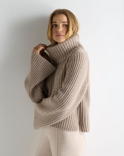 N.Peal Women's Ribbed Bell Sleeve Cashmere Jumper Oatmeal Brown