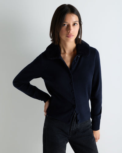 N.Peal Women's Hannah Fur Collar Cashmere Cardigan Navy Blue