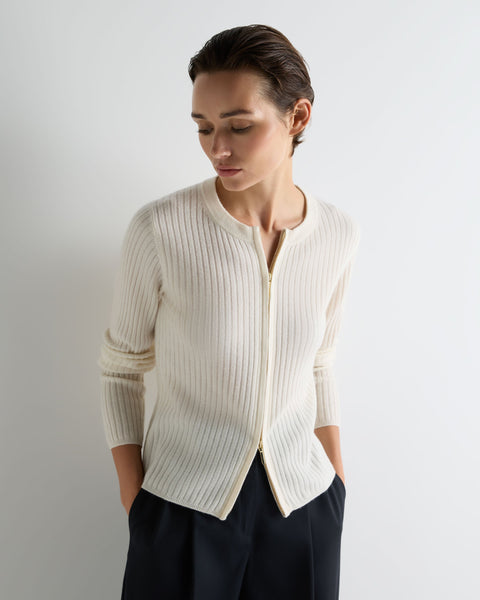 Women's Ribbed Full Zip Cashmere Sweater New Ivory White | N.Peal