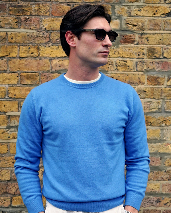 N.Peal Men's Oxford Round Neck Cashmere Sweater Sunshine Blue