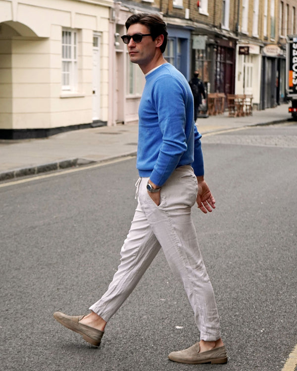 N.Peal Men's Oxford Round Neck Cashmere Sweater Sunshine Blue