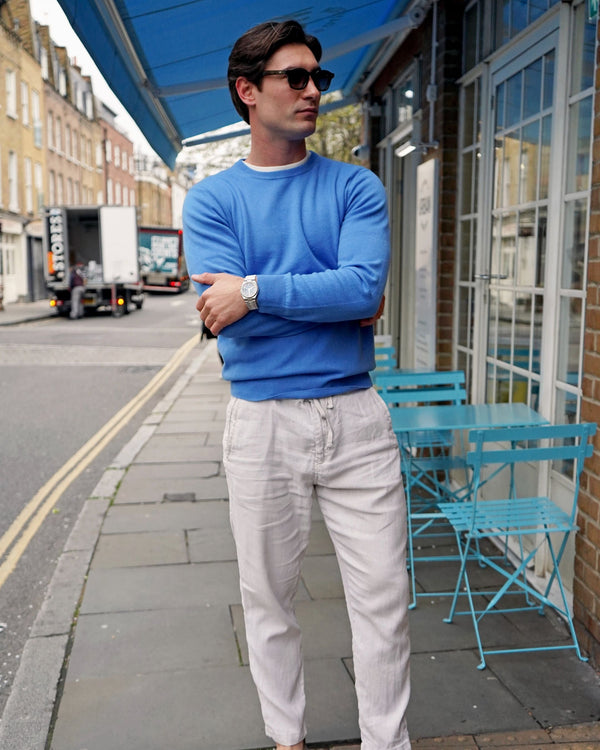 N.Peal Men's Oxford Round Neck Cashmere Sweater Sunshine Blue
