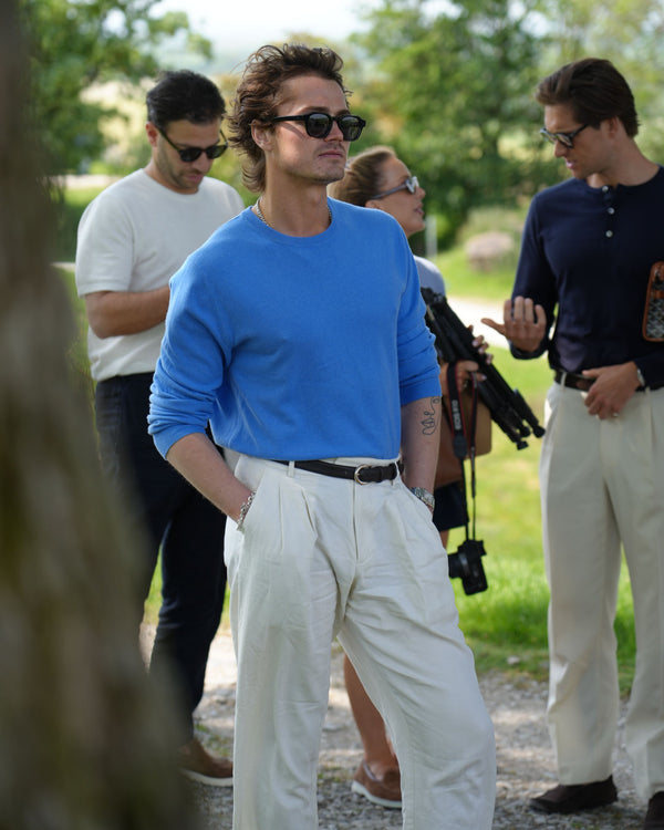 N.Peal Men's Oxford Round Neck Cashmere Sweater Sunshine Blue