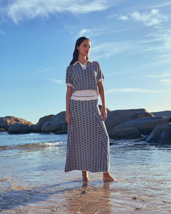 N.Peal Women's Harlow Jacquard Cotton Cashmere Polo Navy Blue