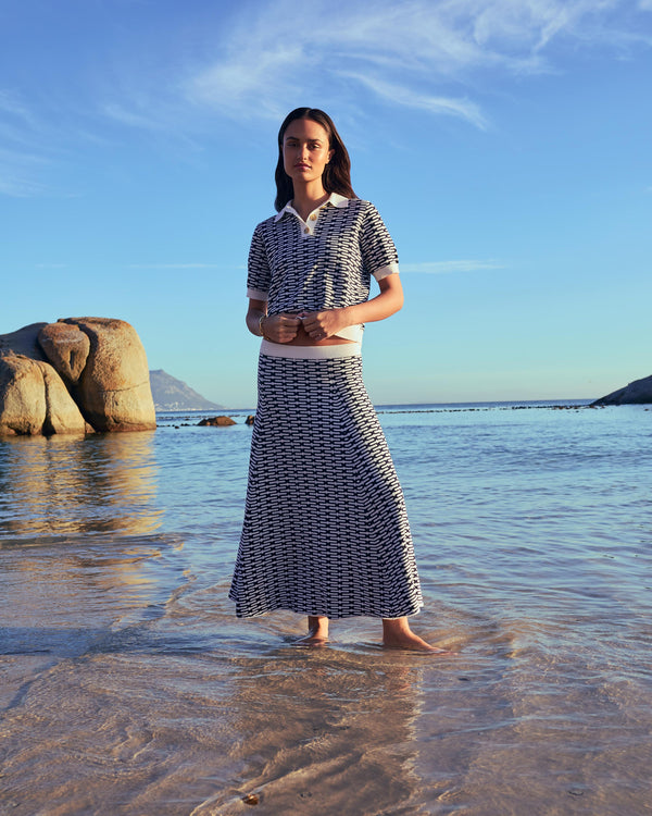 N.Peal Women's Harlow Jacquard Cotton Cashmere Polo Navy Blue