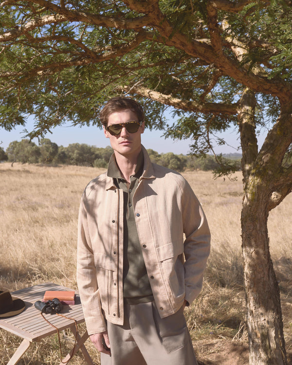 N.Peal Men's Raglan Linen Blend Herringbone Jacket Light Brown