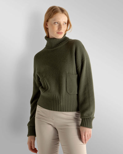 N.Peal Women's Cropped Roll Neck Cashmere Jumper Army Green