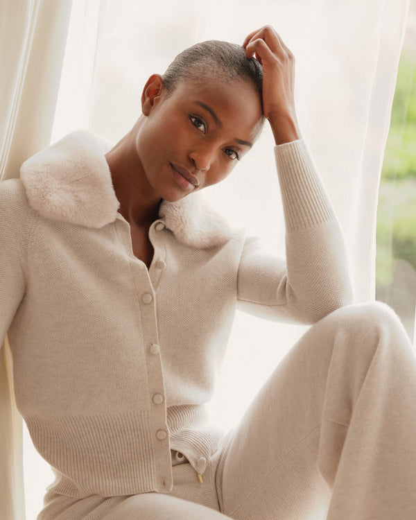 N.Peal Women's Honeycomb Fur Trim Cashmere Cardigan Pebble Grey