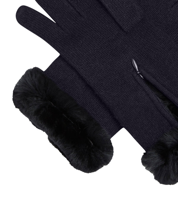 N.Peal Women's Fur Trim Cashmere Gloves Navy Blue