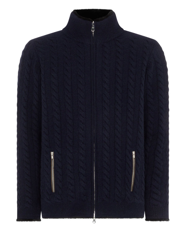 N.Peal Men's Aspen Cashmere Cable Fur Cardigan Navy Blue