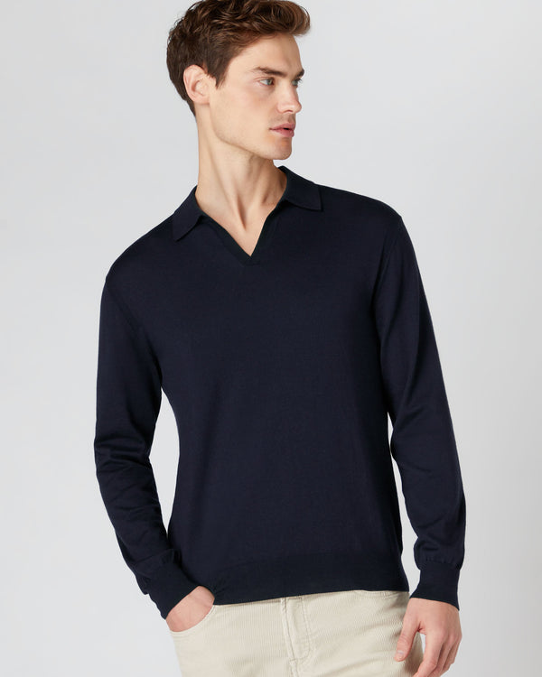 N.Peal Men's Polo Neck Cotton Cashmere Jumper Navy Blue