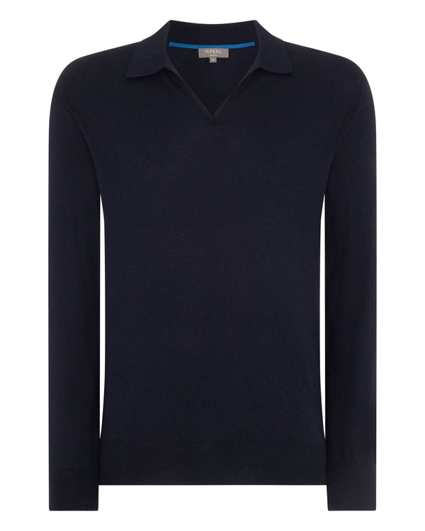 N.Peal Men's Polo Neck Cotton Cashmere Jumper Navy Blue