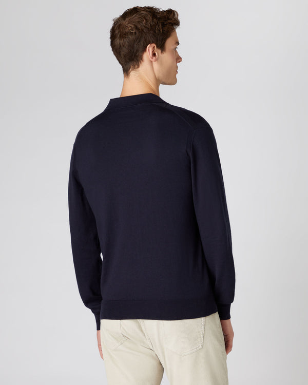 N.Peal Men's Polo Neck Cotton Cashmere Jumper Navy Blue