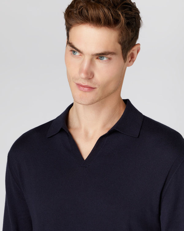 N.Peal Men's Polo Neck Cotton Cashmere Jumper Navy Blue