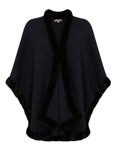 N.Peal Women's Ayla Fur Trim Cashmere Cape Navy Blue