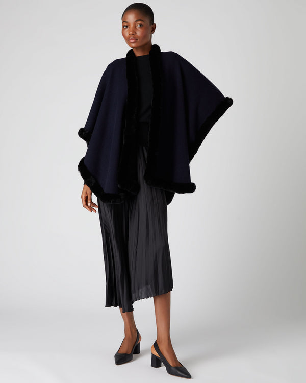 N.Peal Women's Ayla Fur Trim Cashmere Cape Navy Blue