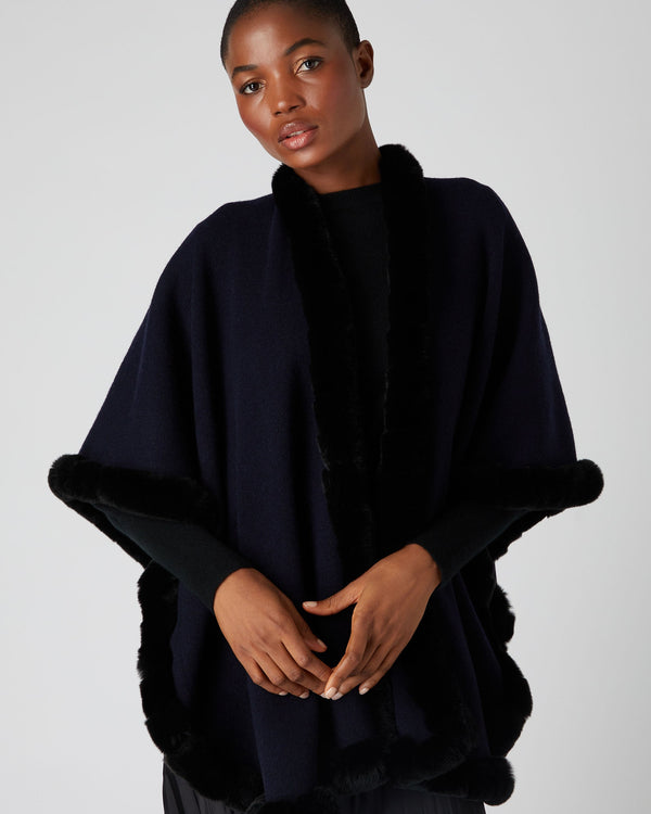 N.Peal Women's Ayla Fur Trim Cashmere Cape Navy Blue