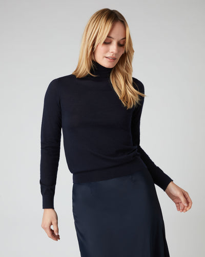 N.Peal Women's Margot Superfine Cashmere Turtle Neck Sweater Navy Blue