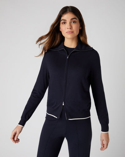 N.Peal Women's Cotton Cashmere Full Zip Jumper Navy Blue