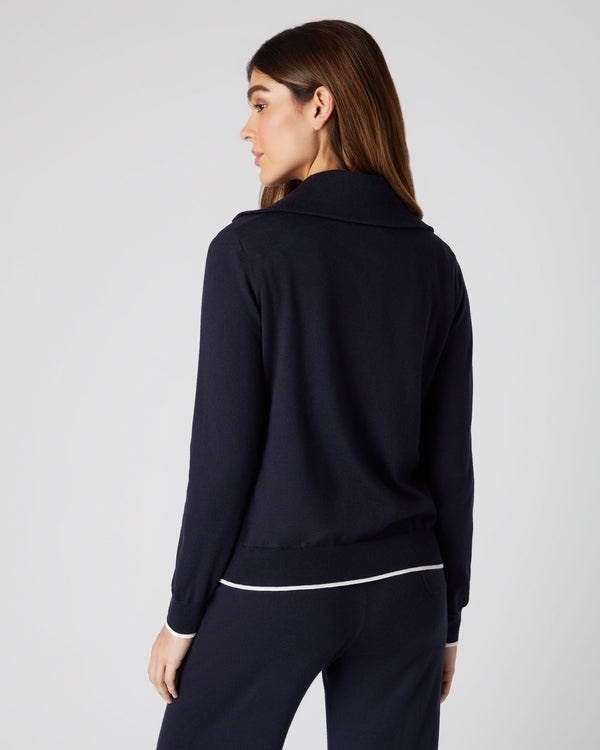 N.Peal Women's Cotton Cashmere Full Zip Jumper Navy Blue