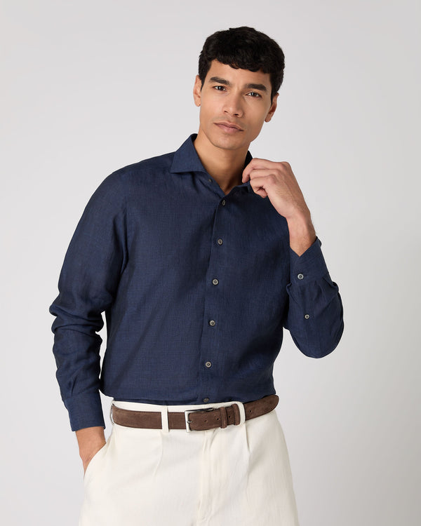 N.Peal Men's Cannes Linen Shirt Navy Blue