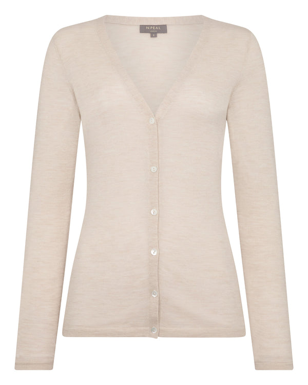 N.Peal Women's Mia Superfine Cashmere V Neck Cardigan Sandstone Brown