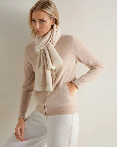 N.Peal Women's Herringbone Cashmere Scarf Ecru White