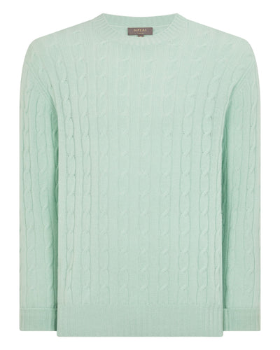 N.Peal Men's Thames Cable Round Neck Cashmere Jumper Dusty Teal Green