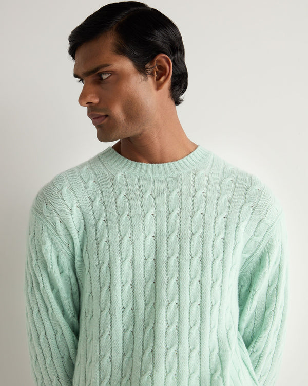 N.Peal Men's Thames Cable Round Neck Cashmere Jumper Dusty Teal Green