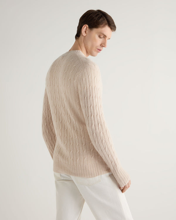 N.Peal Men's Thames Cable Round Neck Cashmere Jumper Ecru White