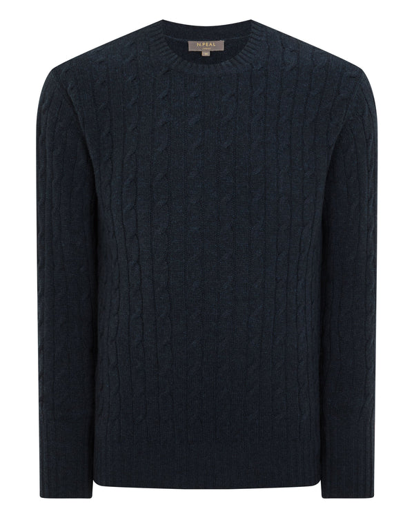 N.Peal Men's Thames Cable Round Neck Cashmere Jumper Indigo Blue