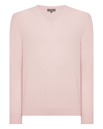 N.Peal Men's Burlington V Neck Cashmere Jumper Blossom Pink