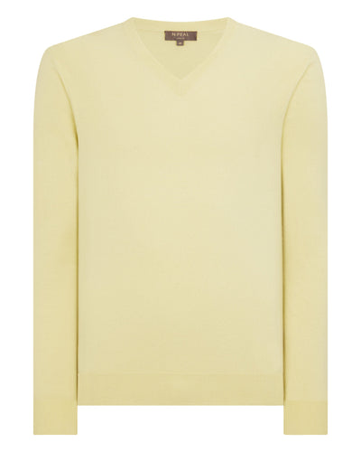 N.Peal Men's Burlington V Neck Cashmere Jumper Granita Yellow