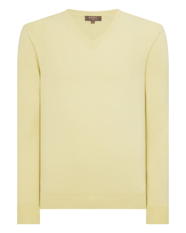 N.Peal Men's Burlington V Neck Cashmere Jumper Granita Yellow