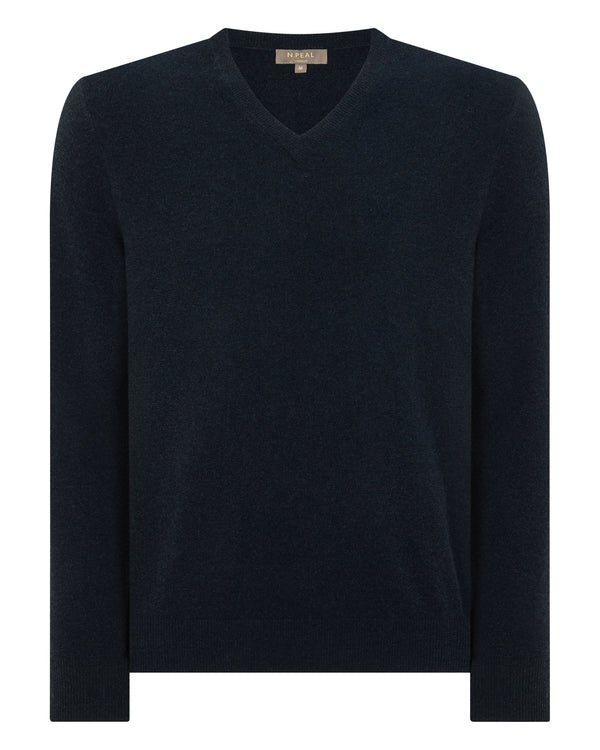 N.Peal Men's Burlington V Neck Cashmere Jumper Indigo Blue